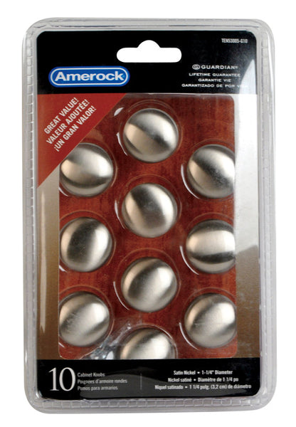 Set of 10 Emery Jensen 1-1/4 inch SN knobs, durable hardware for cabinets and furniture, shown in a close-up image.