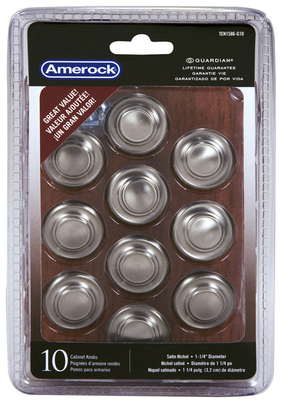 Set of 10 satin nickel knobs by Emery Jensen, featuring round design suitable for cabinets and drawers.
