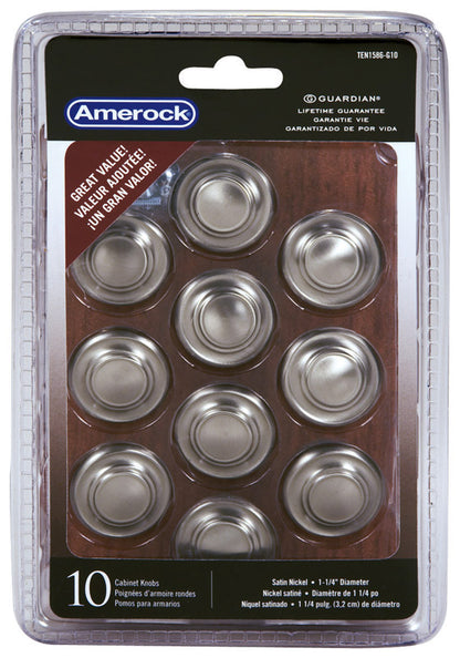 Set of 10 satin nickel knobs by Emery Jensen, featuring round design suitable for cabinets and drawers.