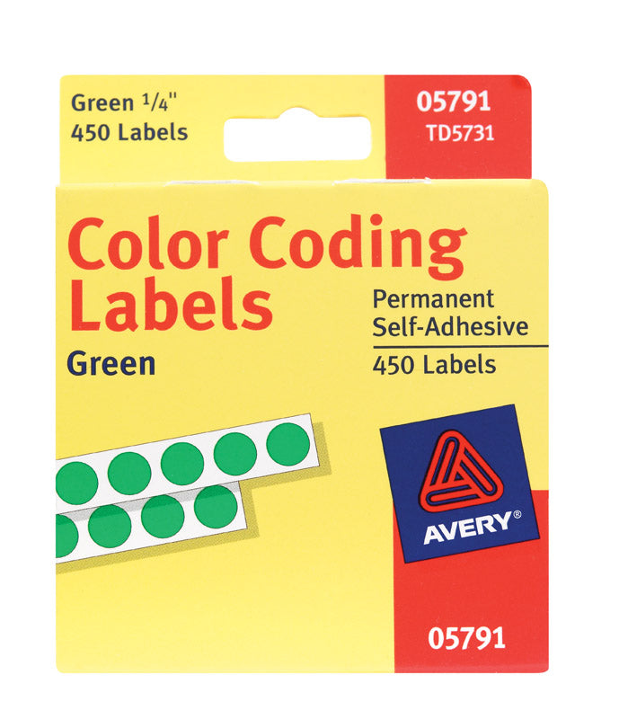 Green color label dots from Emery Jensen, used for identification or organization on various surfaces.
