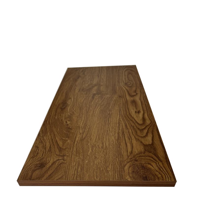 Set of five Emery Jensen oak laminate shelves, 11.8 x 23.6 inches, ideal for storage and display.