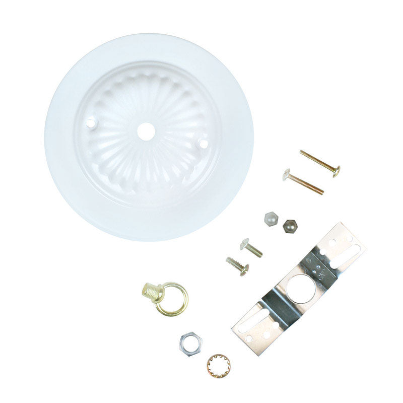 White 5-inch lamp canopy kit by Emery Jensen, hardware for ceiling light fixtures, includes mounting components.