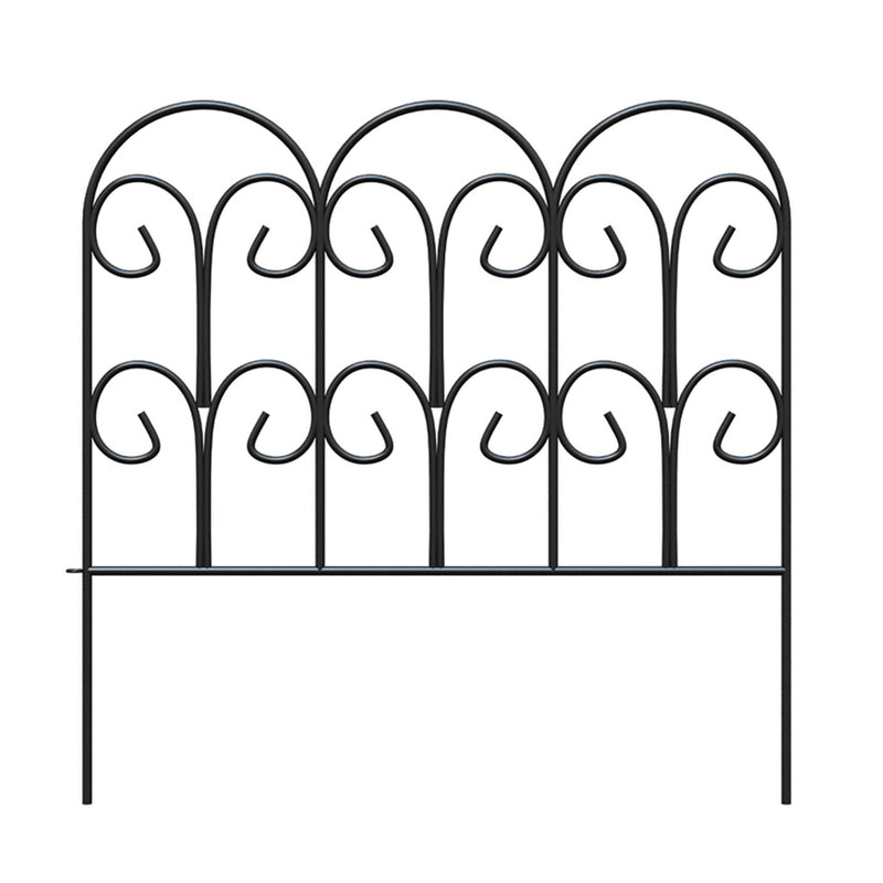 Emery Jensen 18-inch edging scroll fence for landscape fencing, decorative metal fence panel with intricate scroll design.