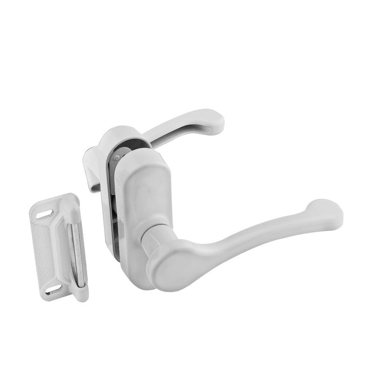 Emery Jensen white lever latches showing a close-up of the latch mechanism on a white background
