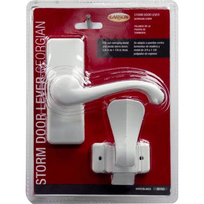 Emery Jensen white lever latch handle with a streamlined design, suitable for doors or cabinets.