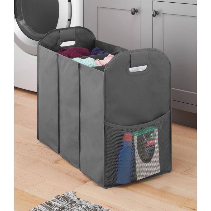 Gray fabric laundry hamper by Emery Jensen, 22-inch size, lightweight and soft-textured for easy laundry organization.