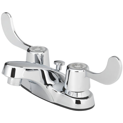 Emery Jensen lavatory faucet with twin-handle design in chrome finish, mounted on a bathroom sink.