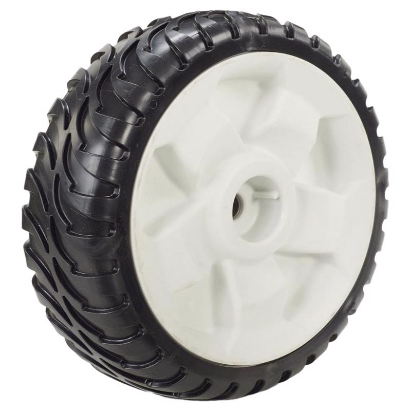 Emery Jensen rear lawn mower wheel, 8-inch diameter, replacement wheel for lawn mower with sturdy rubber tire and metal hub.