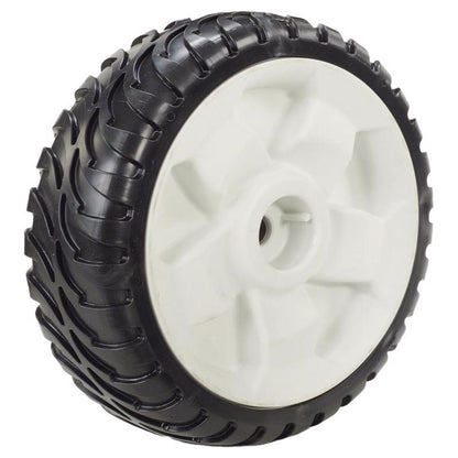 Emery Jensen rear lawn mower wheel, 8-inch diameter, replacement wheel for lawn mower with sturdy rubber tire and metal hub.