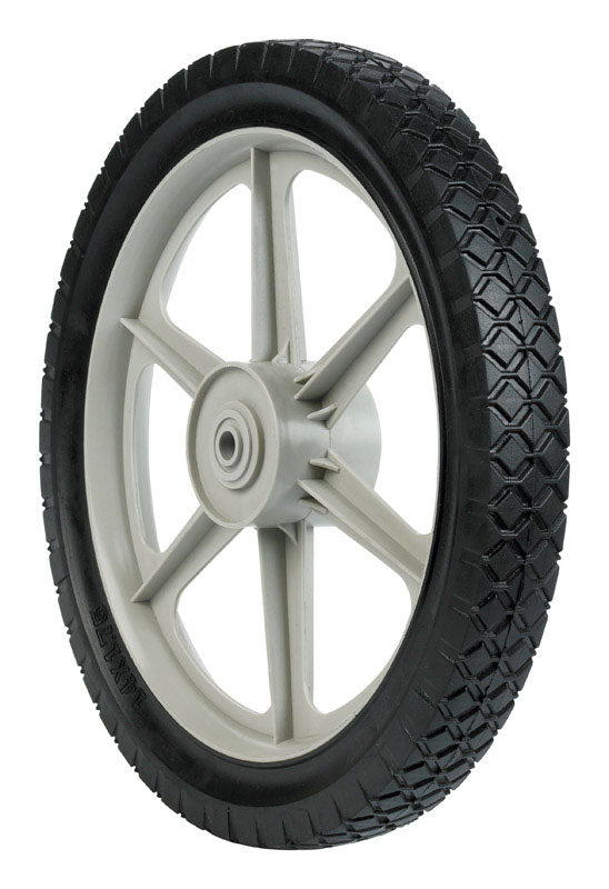 Emery Jensen 14x1.75 HiWheel lawn mower wheel showing tread and side profile on a white background.