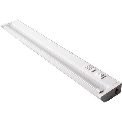 Emery Jensen LED undercabinet light in white, 18 inches long, mounted under kitchen cabinets for bright task lighting.