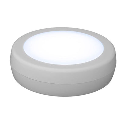 Adjustable white LED puck light by Emery Jensen for indoor lighting, featuring a compact design and energy-efficient illumination.