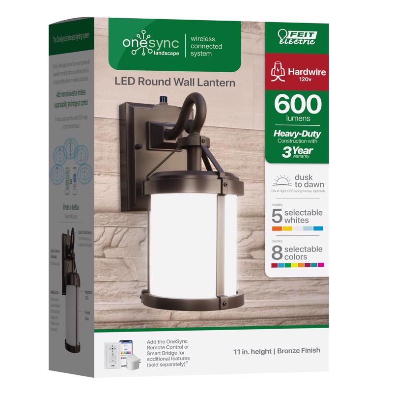 Round 11-inch Emery Jensen LED integrated wall lantern with a sleek exterior design and clear glass panels.