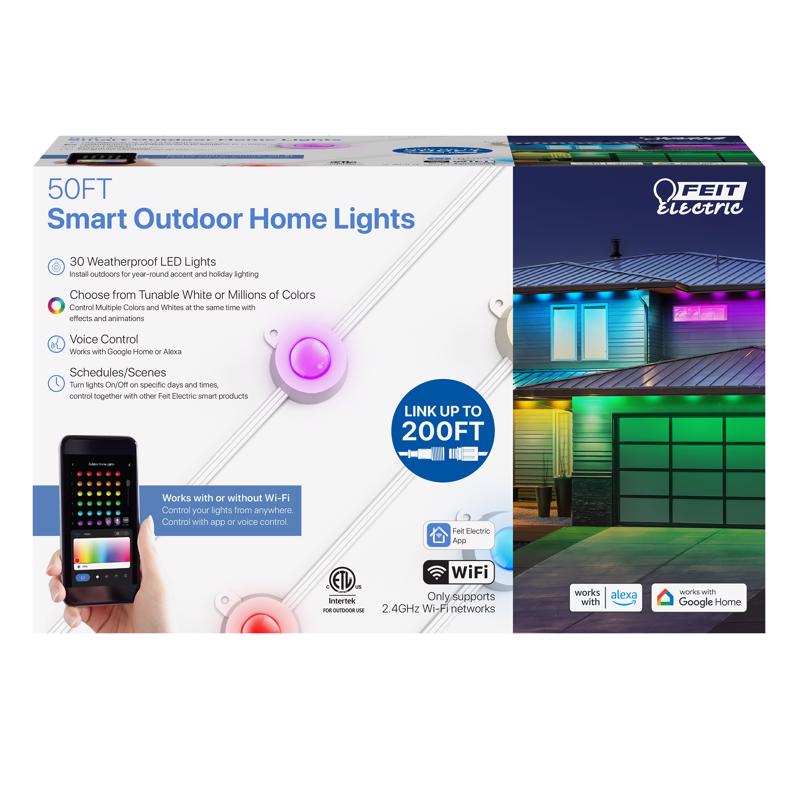 Emery Jensen CLR changing string LED lights, 50 feet long, with colorful glowing bulbs for decorative lighting.