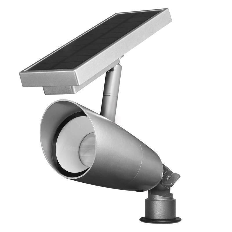 Emery Jensen Spotlight LED NCKL solar lighting fixture illuminating outdoor space with bright LED light.