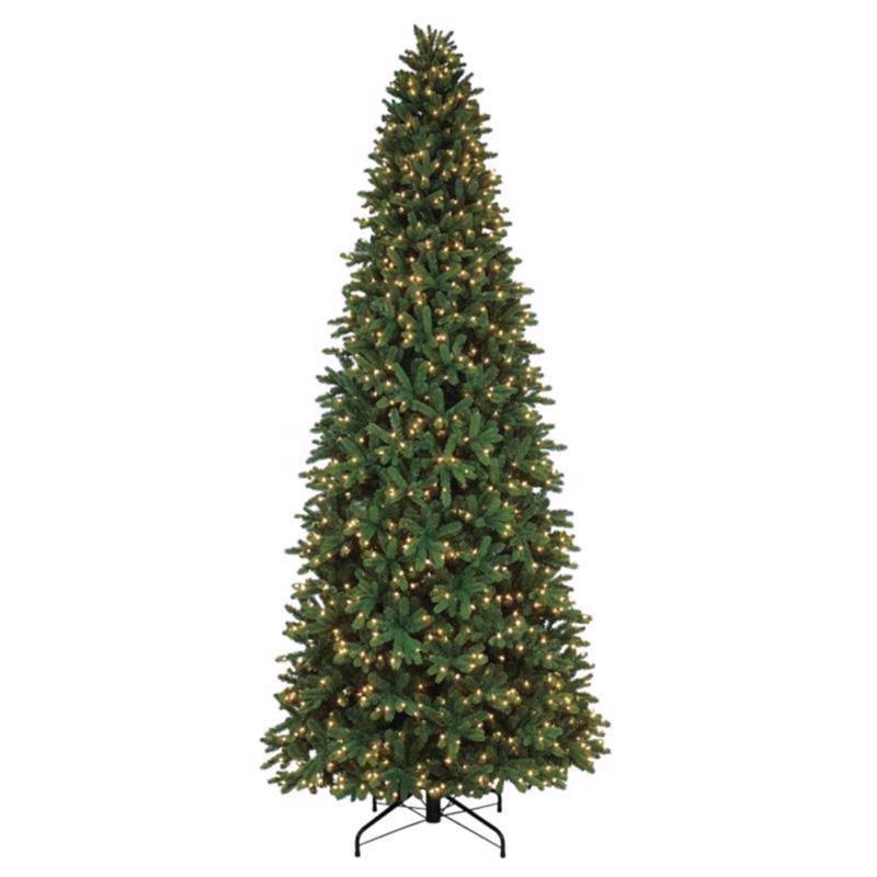 Emery Jensen LED Christmas tree, 12-foot tall, with bright white lights, full branches, and lush green foliage for holiday decor.