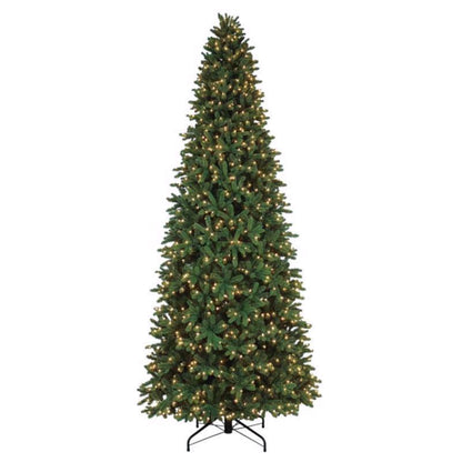 Emery Jensen LED Christmas tree, 12-foot tall, with bright white lights, full branches, and lush green foliage for holiday decor.
