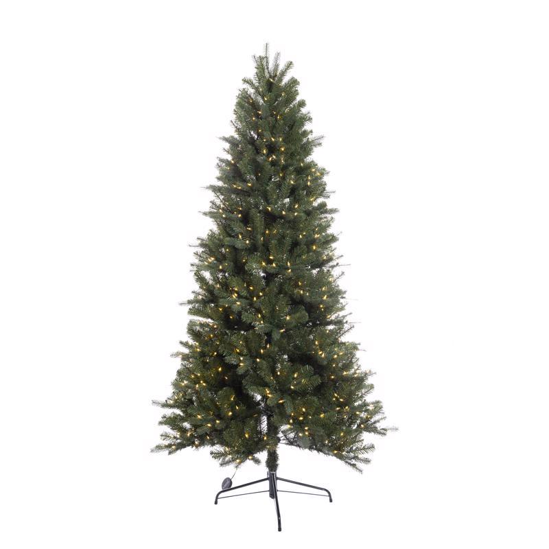 Emery Jensen LED tree, 7-foot tall, with green foliage and warm lighting, ideal for holiday or decorative indoor and outdoor display.