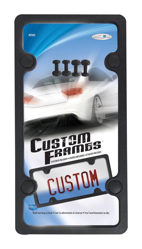 Black frame license plate holder from Emery Jensen, designed for license plates and fasteners for secure mounting.