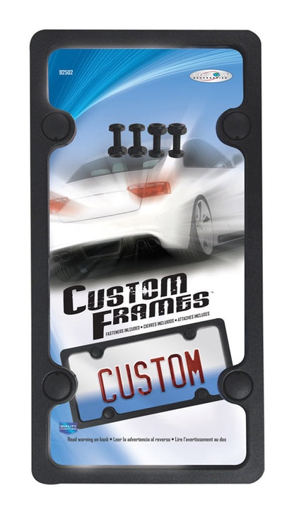 Black frame license plate holder from Emery Jensen, designed for license plates and fasteners for secure mounting.