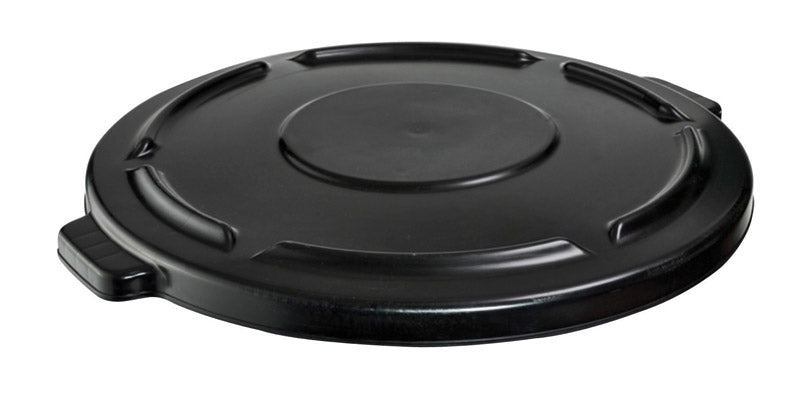 Emery Jensen plastic lid for 44-gallon Brute trash can, fits durable outdoor waste containers, black color with secure closure.