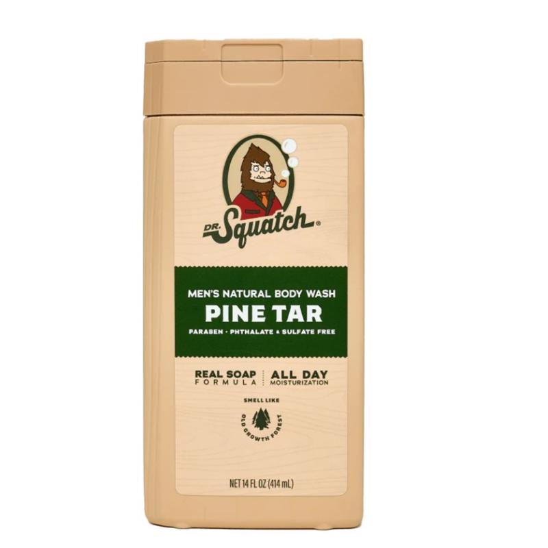 Emery Jensen pine tar body wash in a 14oz bottle, natural skincare product for cleansing and soothing skin.