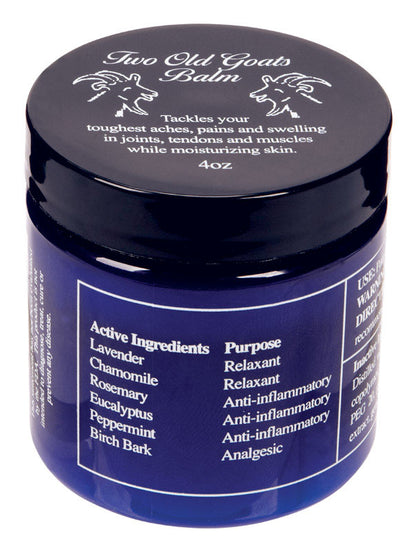 Two Old Goats lip balm and skin care by Emery Jensen in a 4 oz container, natural herbal formula for moisturizing lips and skin.