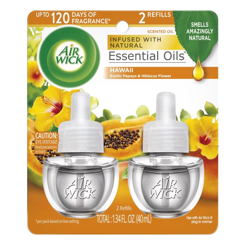 Emery Jensen Airwick Oil Hawaii liquid air fresheners 2-pack, featuring tropical scent bottles with vibrant Hawaiian design