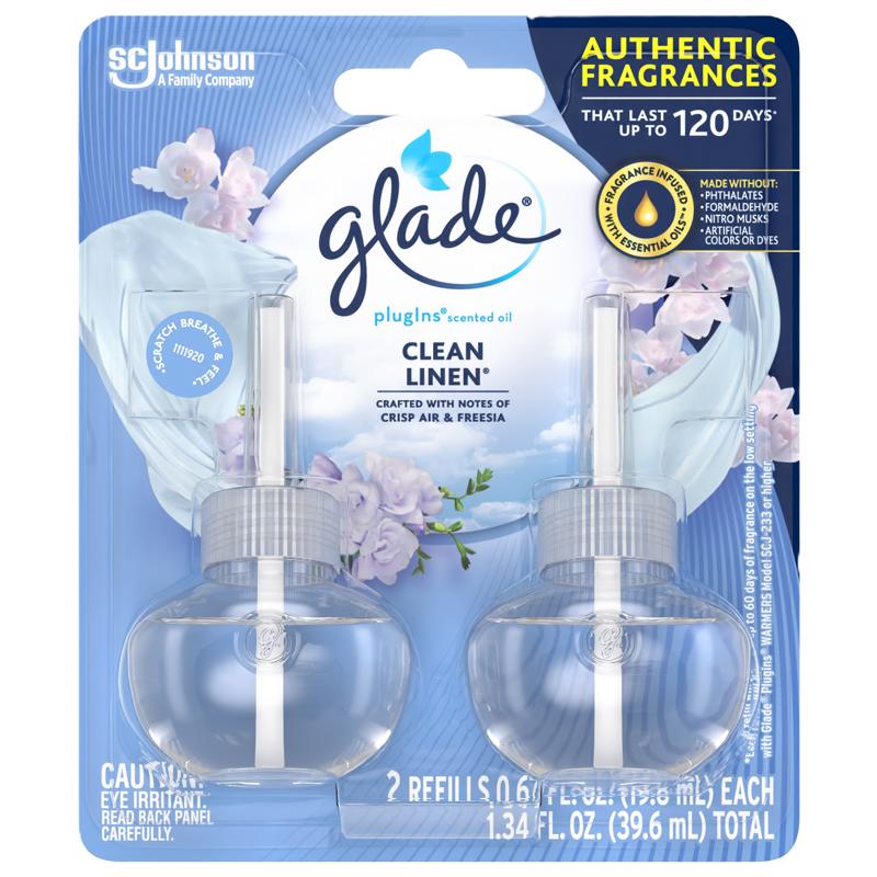 Emery Jensen Plugin Oil Clean Linen liquid air fresheners, pack of 6, with white bottles and fresh linen scent.