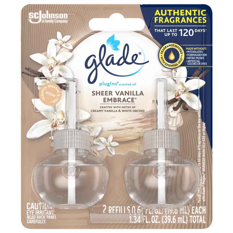 Emery Jensen Plugins Sheer Vanila liquid air fresheners, 2-pack, with six sets in a clear display, showing sleek design and vanilla scent.
