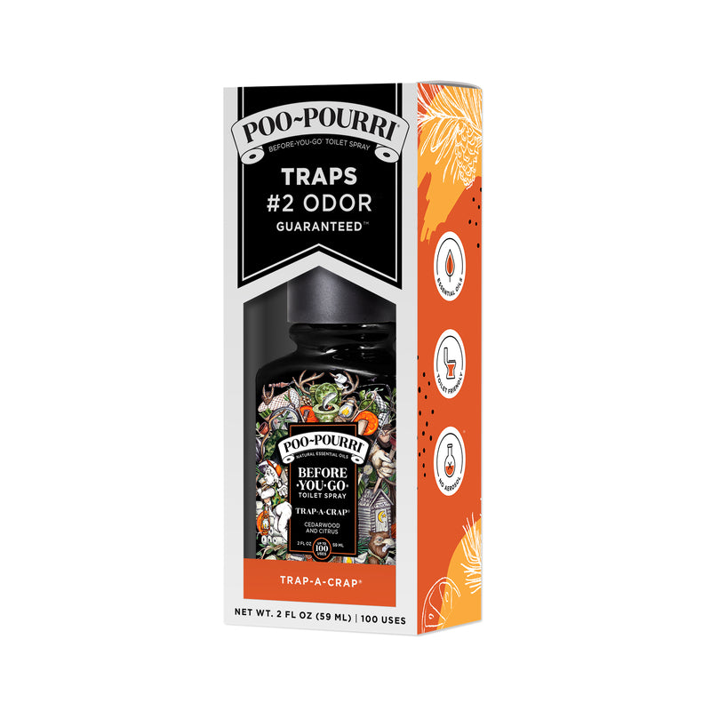 Emery Jensen PooPourri Trapcrap 2oz liquid air freshener bottle with a white cap and label, designed to eliminate bathroom odors.