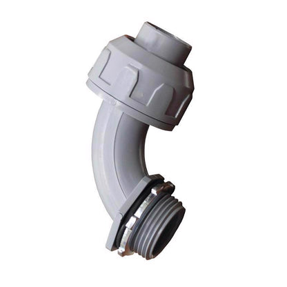 Emery Jensen 1-inch 90D liquid-tight flexible metal connector for secure electrical conduit connections.