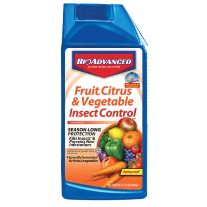 Emery Jensen Fruit and Veg Insect Control liquid concentrate in a bottle, designed for pest protection on fruits and vegetables.