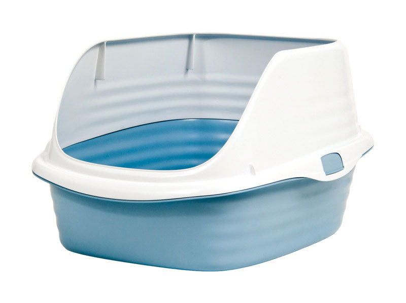 Emery Jensen wave-rimmed litter pan with high sides for cat litter, durable plastic tray with a smooth rim for easy cleaning.
