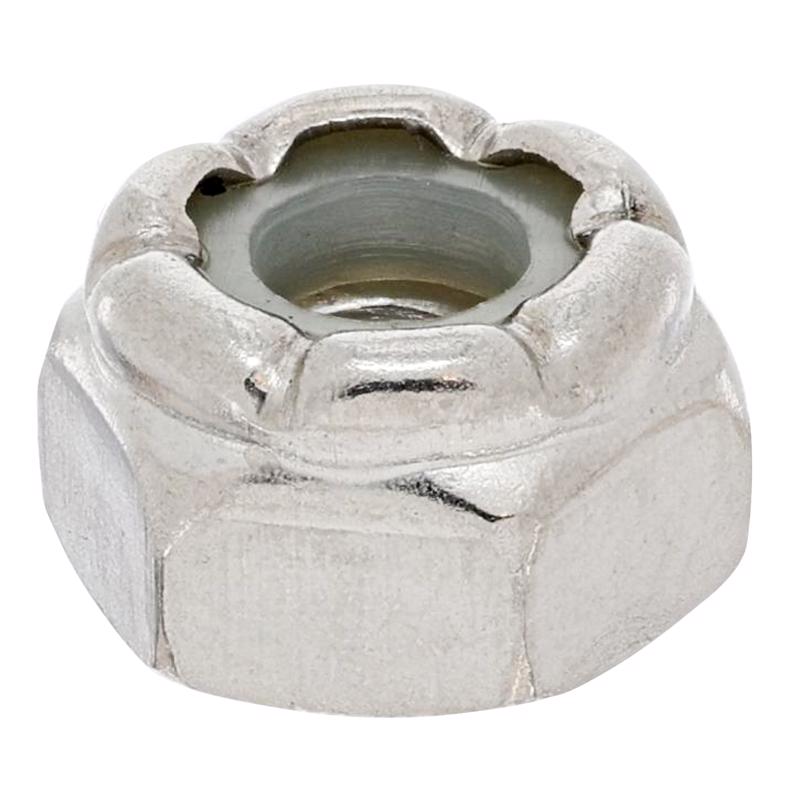 Stainless steel locknuts, size #10-24, from Emery Jensen, shown in a box of 100 heavy-duty locknuts.