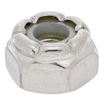 Stainless steel locknuts, size #10-24, from Emery Jensen, shown in a box of 100 heavy-duty locknuts.