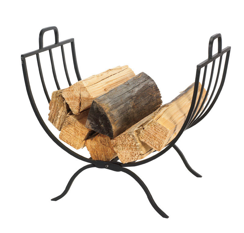 Black Emery Jensen log rack holder, 20x21x14 inches, designed for storing and organizing firewood logs.