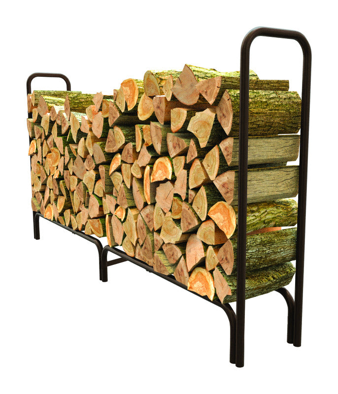 Black steel log rack by Emery Jensen, 8-foot wide wood storage holder for outdoor or fireplace use.