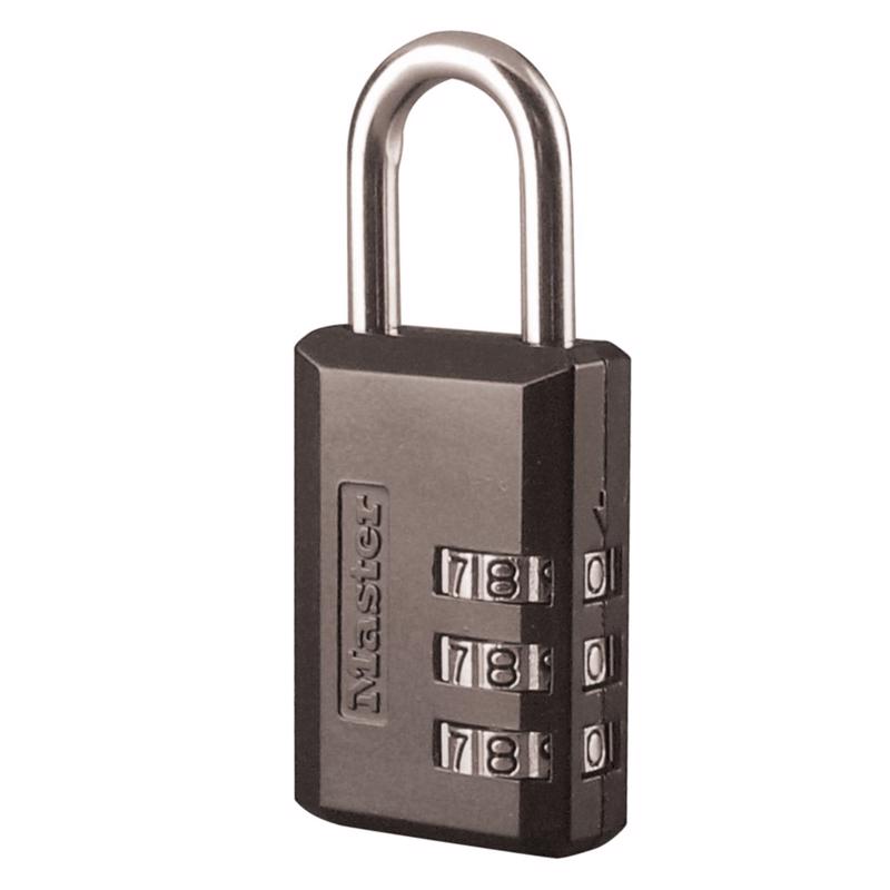 Emery Jensen luggage lock with combination reset dial, black metal padlock suitable for securing suitcases and travel bags.