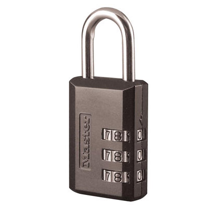 Emery Jensen luggage lock with combination reset dial, black metal padlock suitable for securing suitcases and travel bags.
