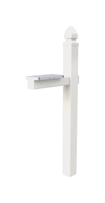 Emery Jensen white DLX PVC mailbox post standing outdoors with a mailbox mounted on top, designed for residential mail delivery.