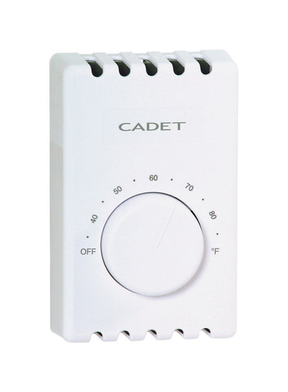 Emery Jensen dual-line manual wall thermostat for controlling home heating systems, mounted on a wall.