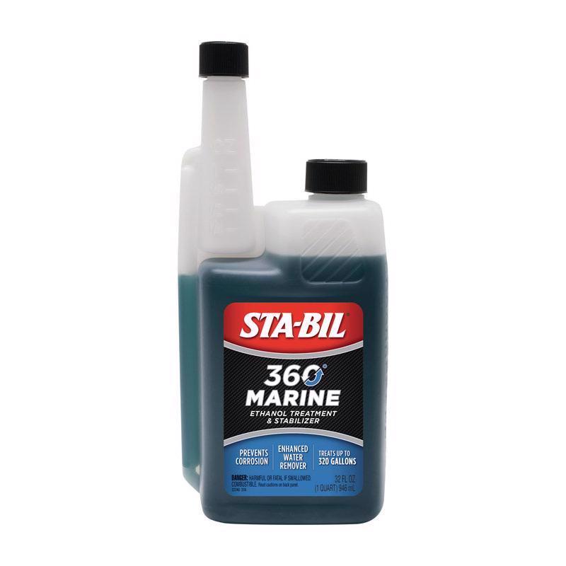 Marine Sta-Bil 32 oz. marine fuel stabilizer from Emery Jensen, shown in a clear container with a blue cap.