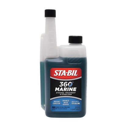 Marine Sta-Bil 32 oz. marine fuel stabilizer from Emery Jensen, shown in a clear container with a blue cap.