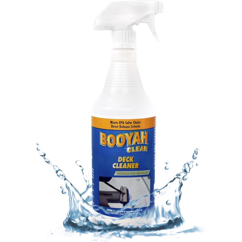 Emery Jensen Booyah Clean Deck Cleaner for marine surfaces, showing a clean, polished boat deck with a spray bottle in hand.