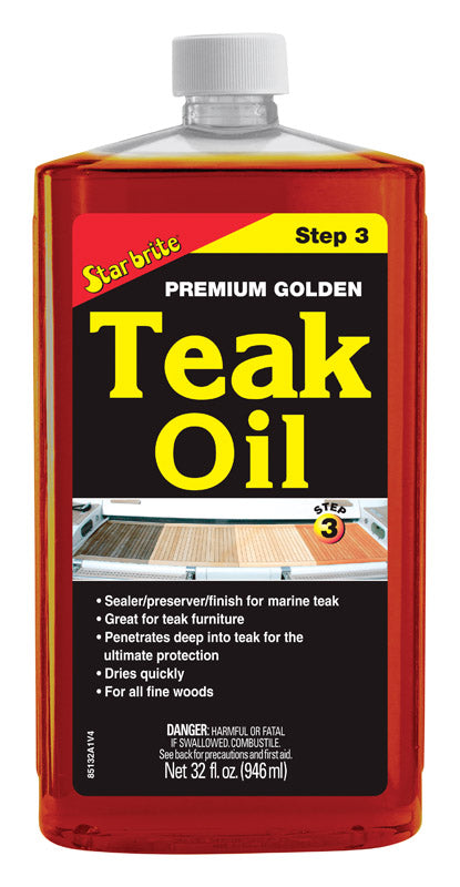 Emery Jensen Oil Teak Prem Gold marine cleaner and polish in a 32oz bottle, designed to enhance and protect teak wood surfaces.