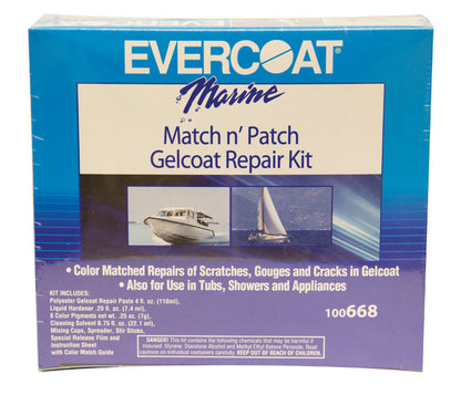 Emery Jensen gel coat repair kit with marine glue and resins, featuring applicator tools and repair materials for boat surface restoration.