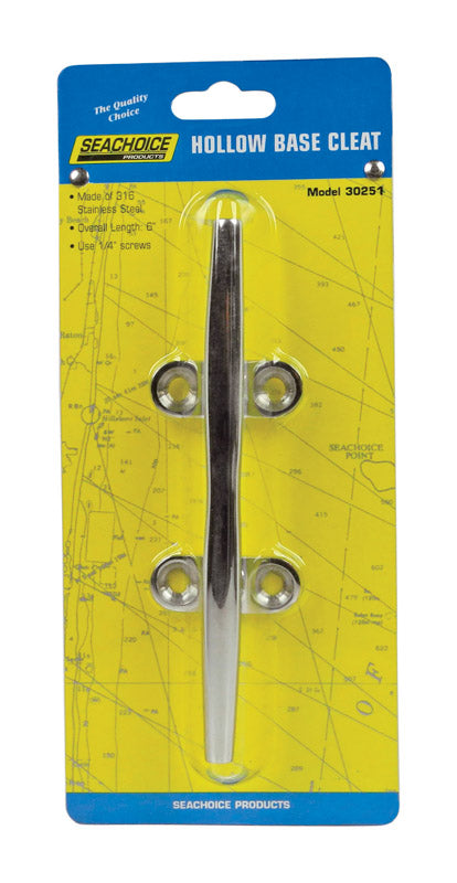Stainless steel 6-inch marine cleat from Emery Jensen marine hardware, used for securing ropes on boats and docks.