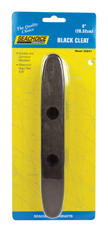 Black 8-inch plastic cleat from Emery Jensen marine hardware for secure boat docking and mooring.