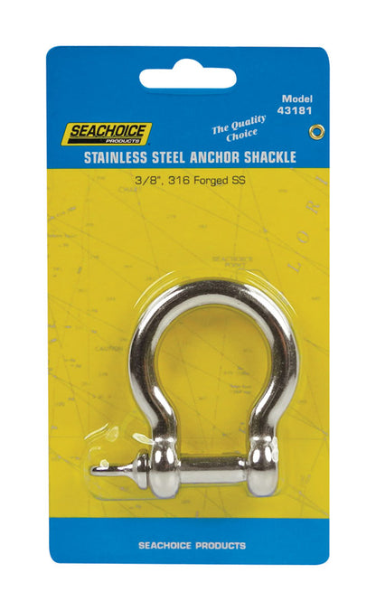 Stainless steel shackle SS 3/8-inch from Emery Jensen marine hardware, showing the open U-shape with pin for securing ropes or chains.